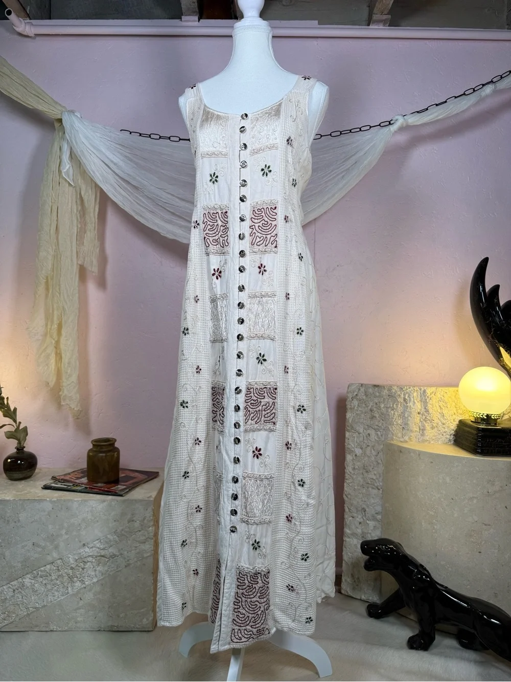 Vintage Cream Embroidered Maxi Dress | Button Front | Size M - Picture 1 of 4